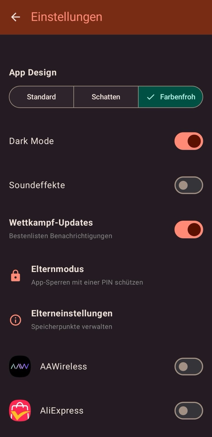 Doomscroll Android: Einstellungen mit App-Design, Dark Mode, Elternmodus und App-Liste zum Sperren