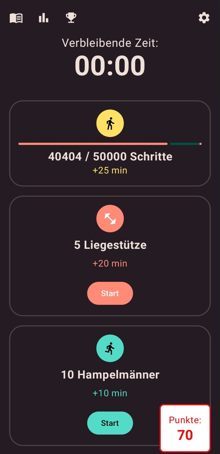 Doomscroll Android: Hauptscreen mit Timer „Verbleibende Zeit“ und Aufgaben für Schritte, Liegestütze und Hampelmänner