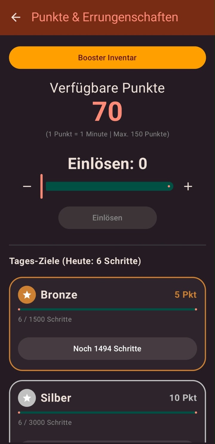 Doomscroll Android: Punkte einlösen per Schieberegler (1 Punkt = 1 Minute) und Tagesziele Bronze und Silber