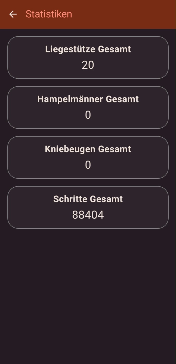 Doomscroll Android: Statistiken mit Gesamtzahl für Liegestütze, Hampelmänner, Kniebeugen und Schritte