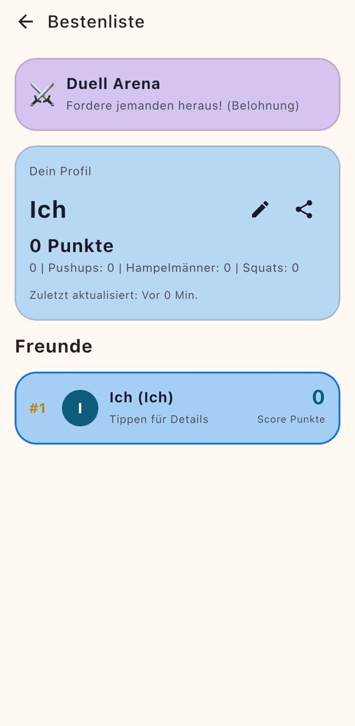 Doomscroll iOS: Bestenliste mit Duell Arena, Profil mit Anzeigename und Freundesliste
