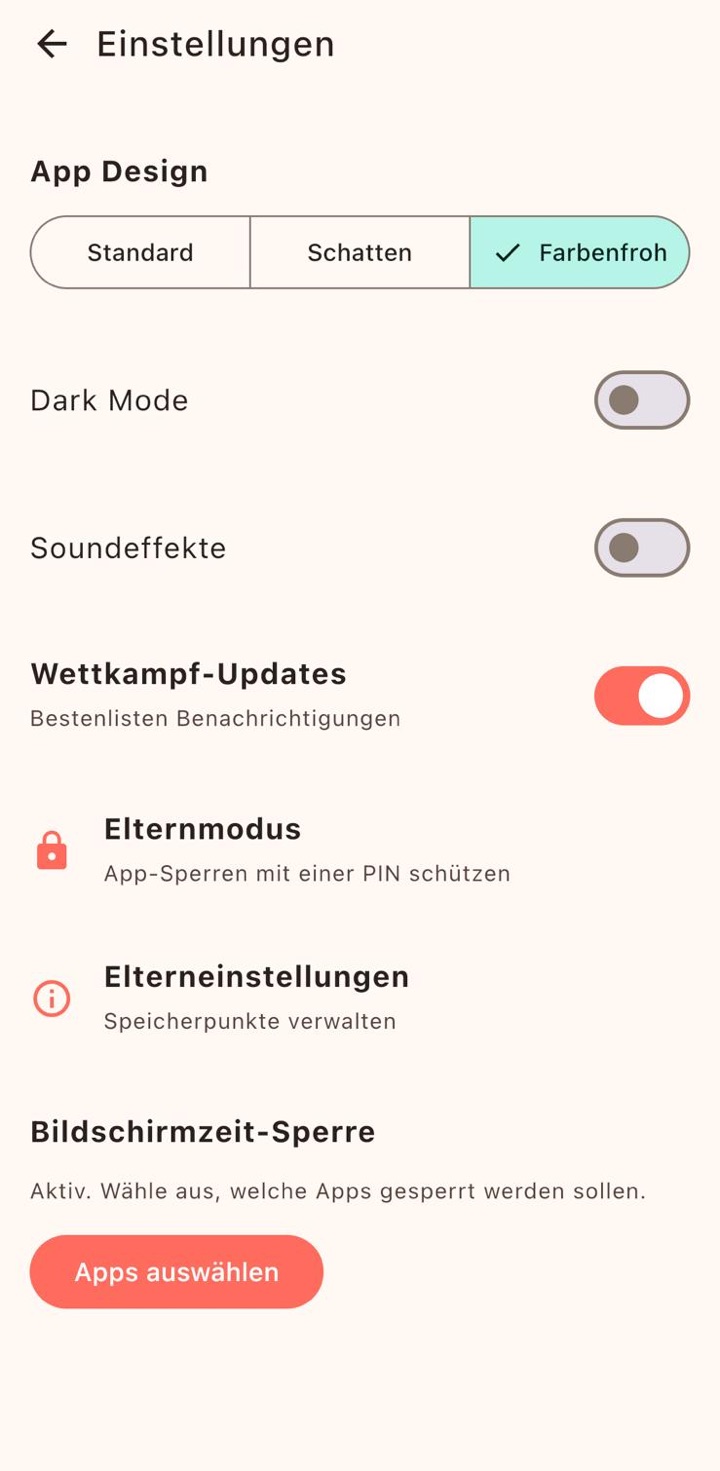 Doomscroll iOS: Einstellungen mit Elternmodus, Wettkampf-Updates und Bildschirmzeit-Sperre zur App-Auswahl
