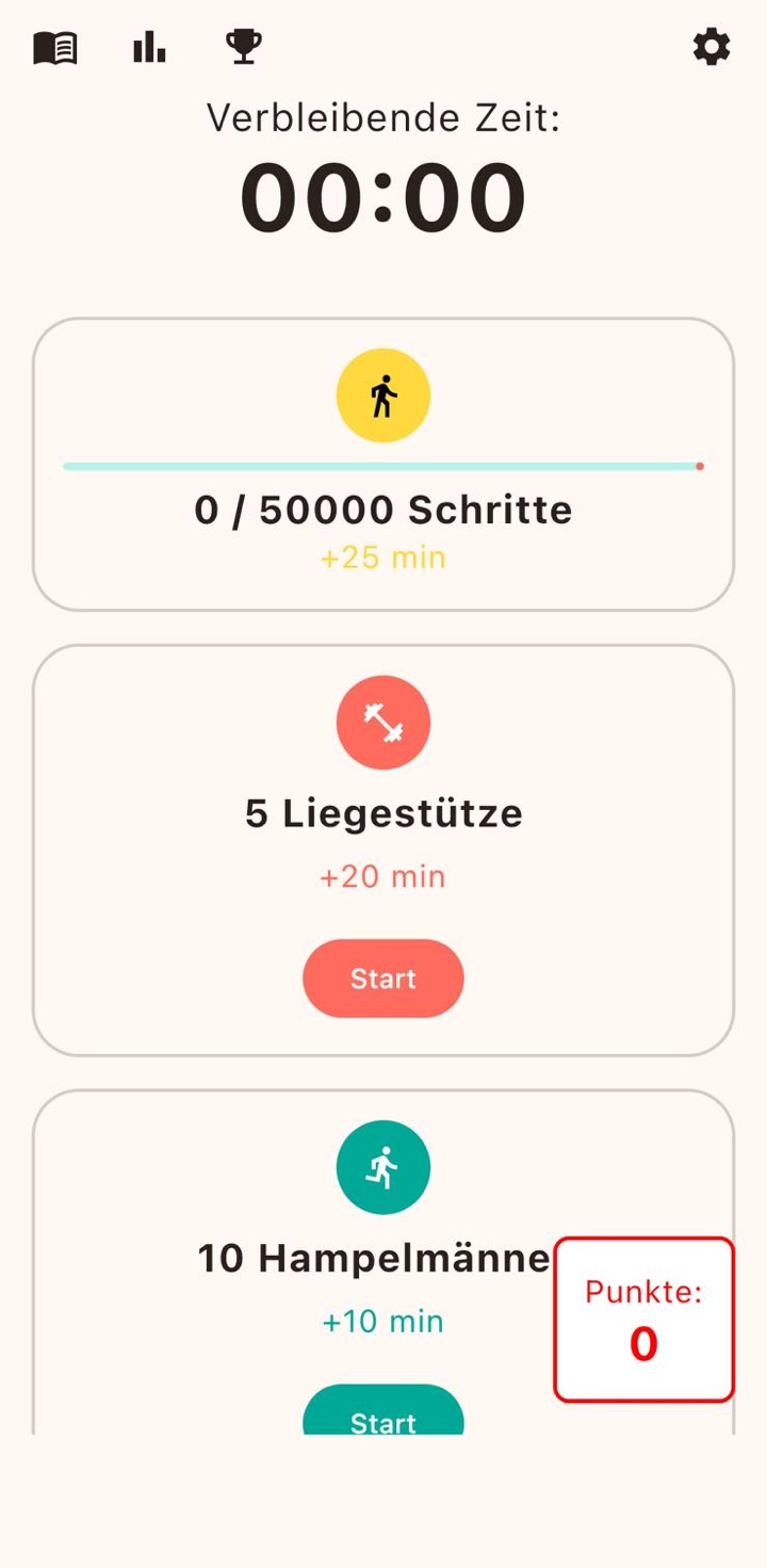 Doomscroll iOS: Hauptscreen mit Timer „Verbleibende Zeit“ und Aufgaben für Schritte, Liegestütze und Hampelmänner