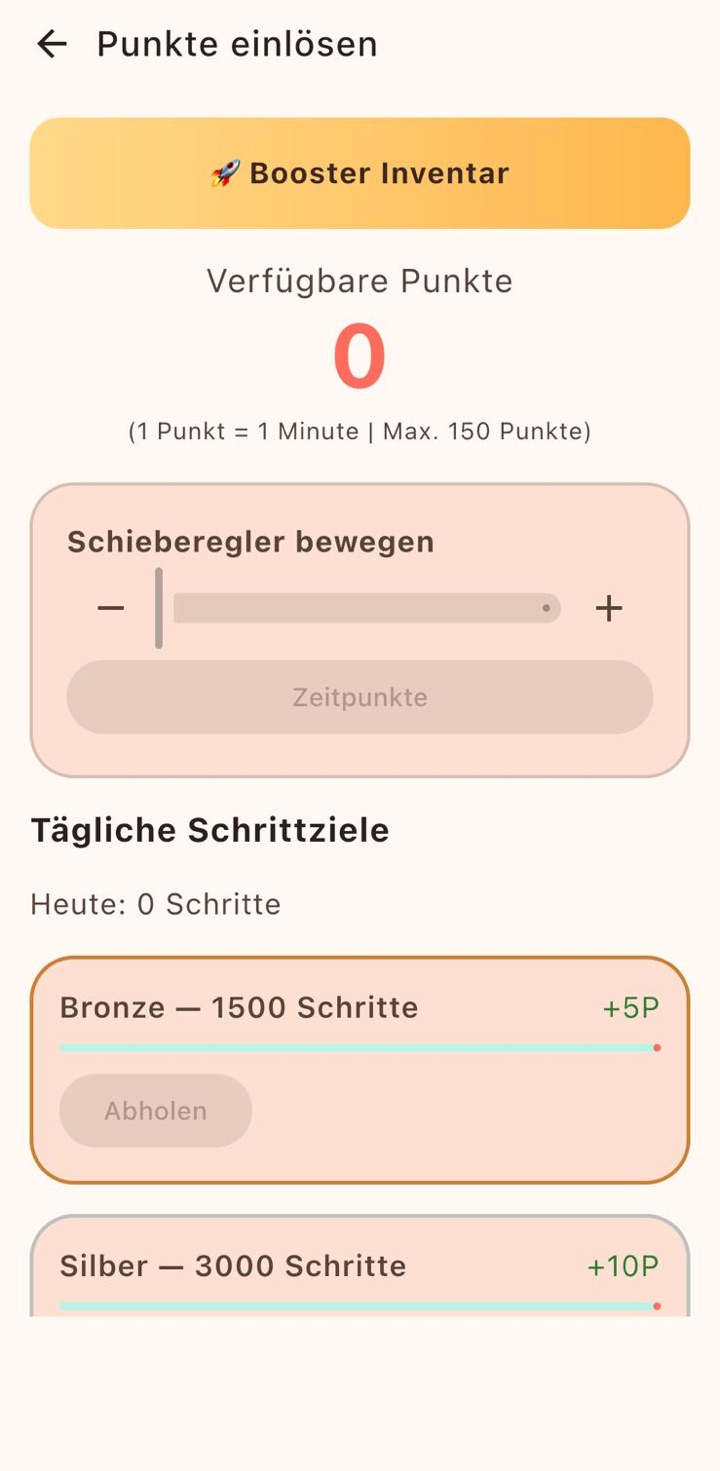 Doomscroll iOS: Punkte einlösen per Schieberegler und tägliche Schrittziele Bronze und Silber