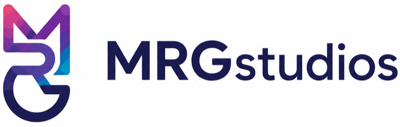 MRGstudios Logo mit farbigem MRG-Monogramm und der Wortmarke MRGstudios in Dunkelblau
