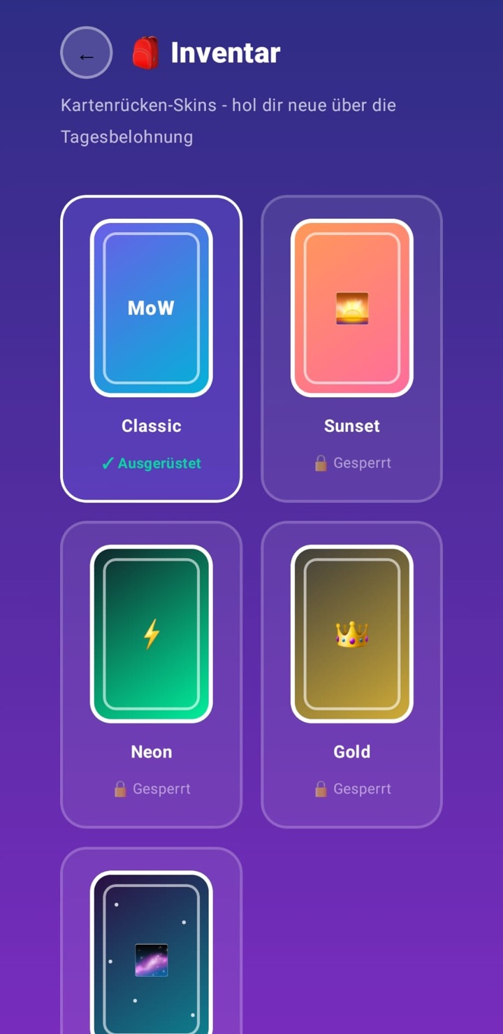 Mehr oder Weniger: Inventar mit Kartenrücken-Skins Classic, Sunset, Neon und Gold und weiteren Skins