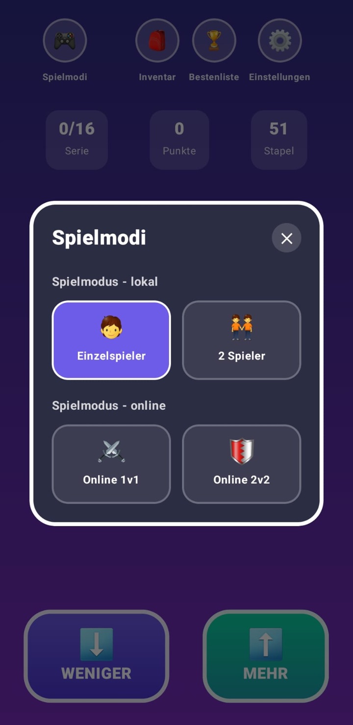 Mehr oder Weniger: Dialog Spielmodi mit lokal Einzelspieler und 2 Spieler sowie online 1v1 und 2v2